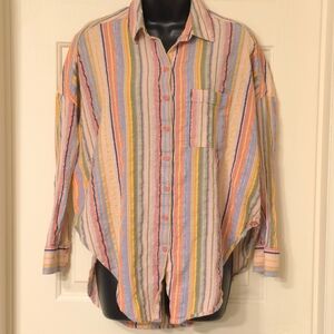 Pilcro Anthropologie Striped Metallic Button Shirt, XS, Oversized, Cotton Blend